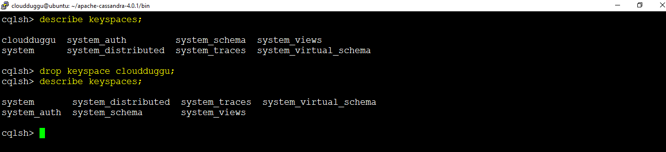 cassandra drop keyspace cloudduggu