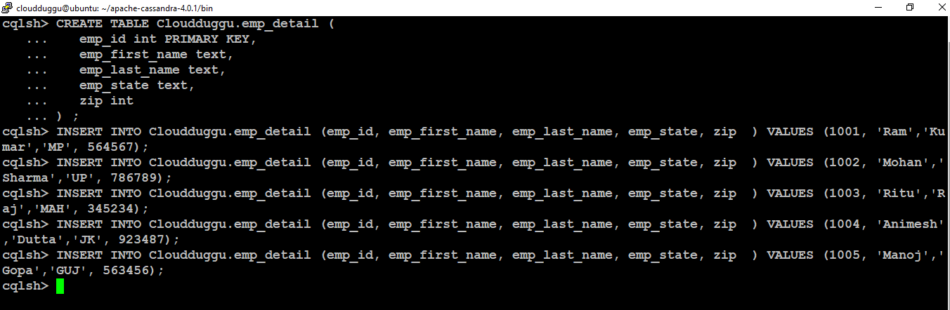 Cassandra Insert Table CloudDuggu CloudDuggu