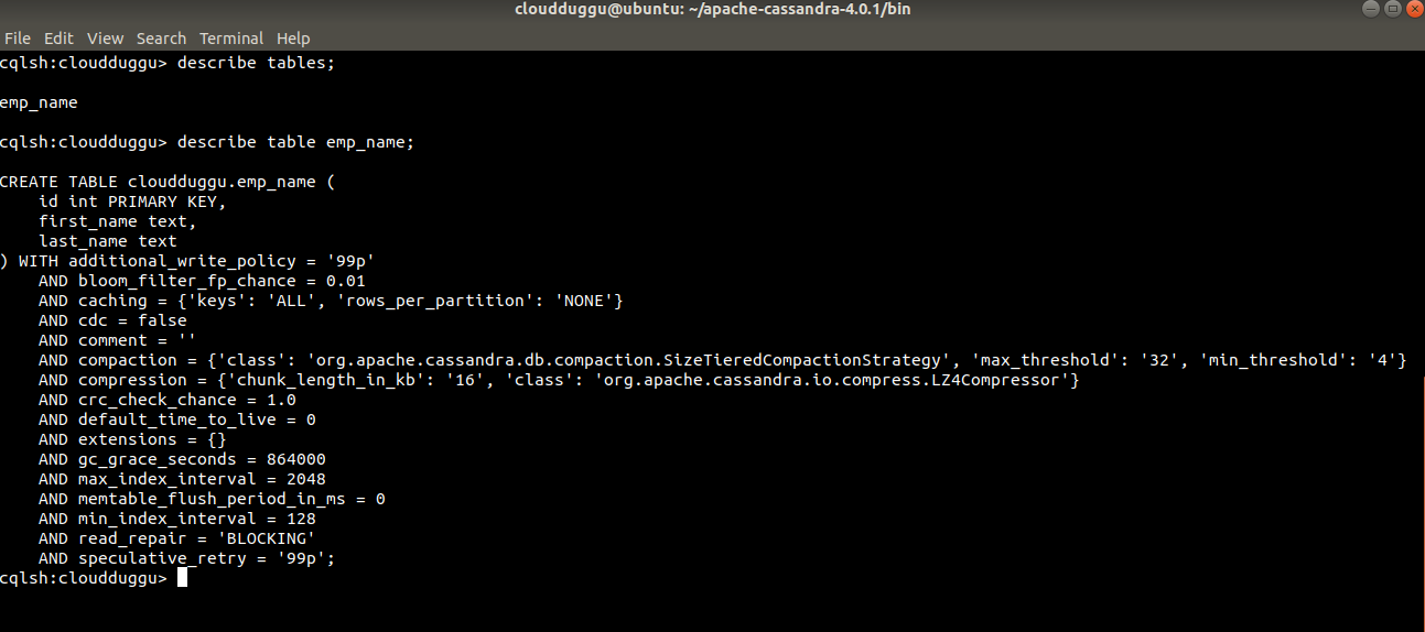 cassandra describe table command output cloudduggu
