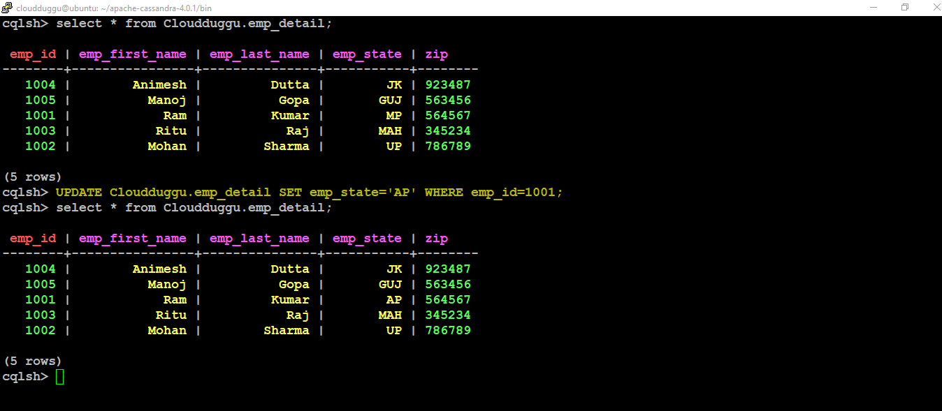 cassandra update output cloudduggu