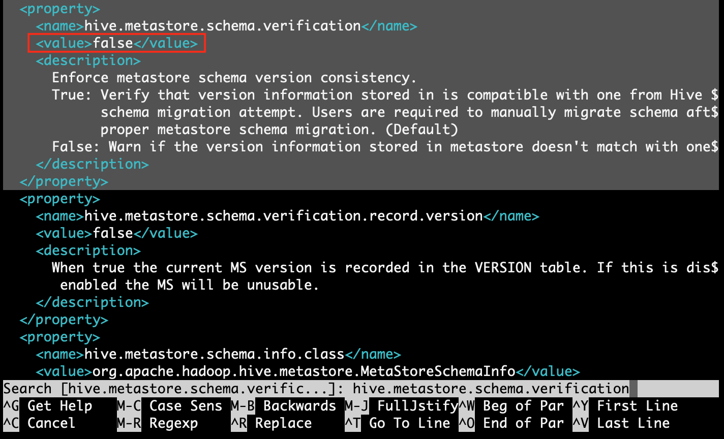 update hive.metastore.schema.verification