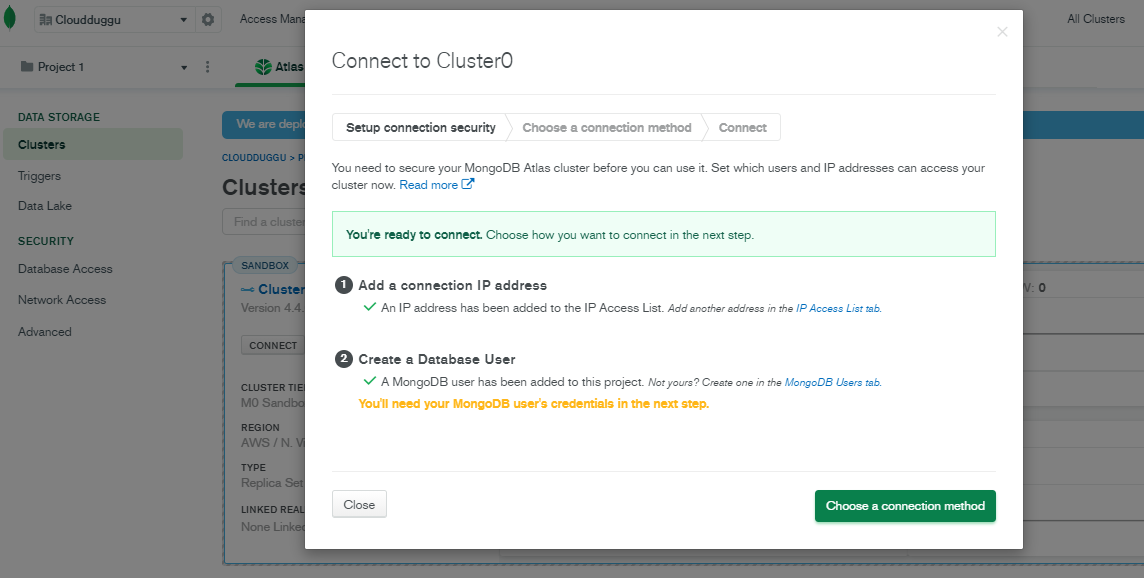 Mongodb atlas ip and user creation cloudduggu