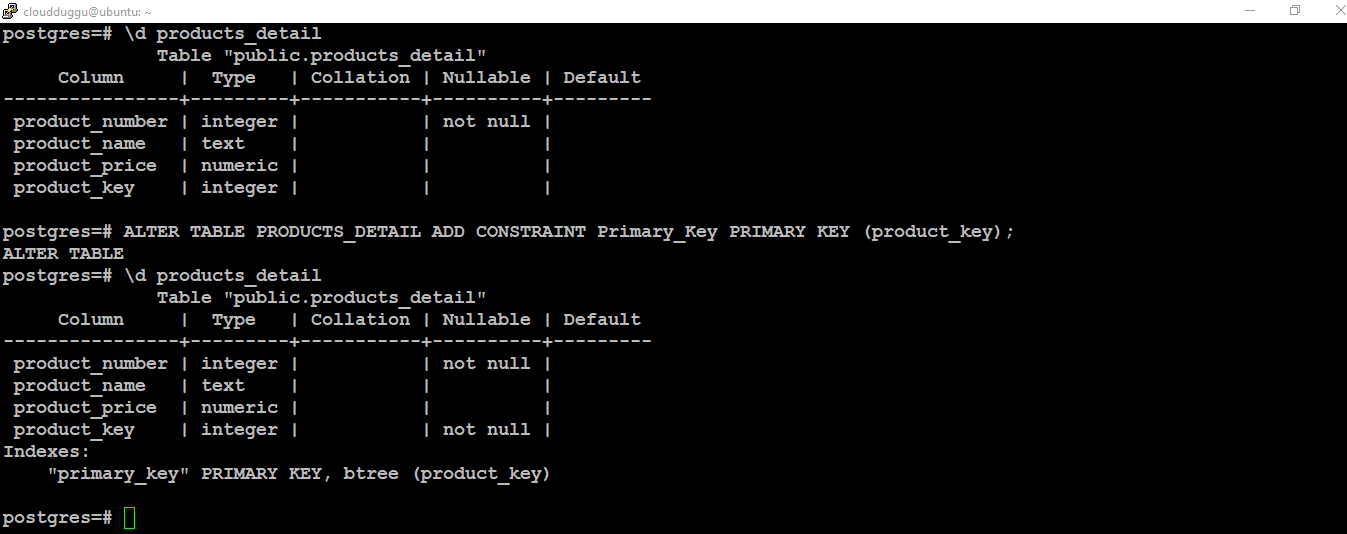 postgresql alter table add primary key