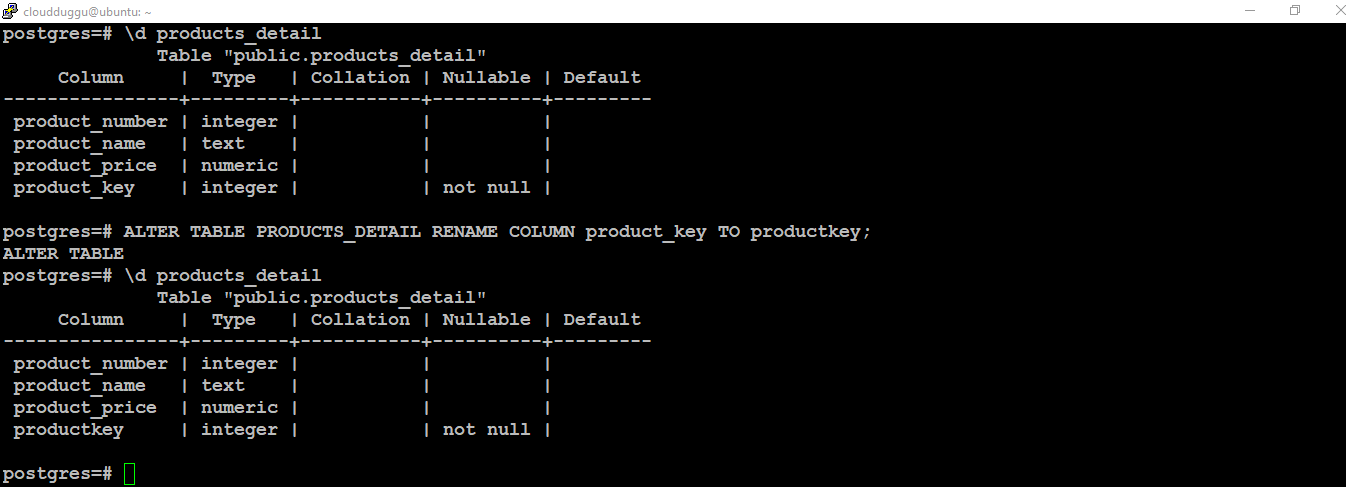 postgresql rename column command