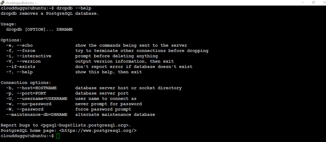 postgresql dropdb help utility command