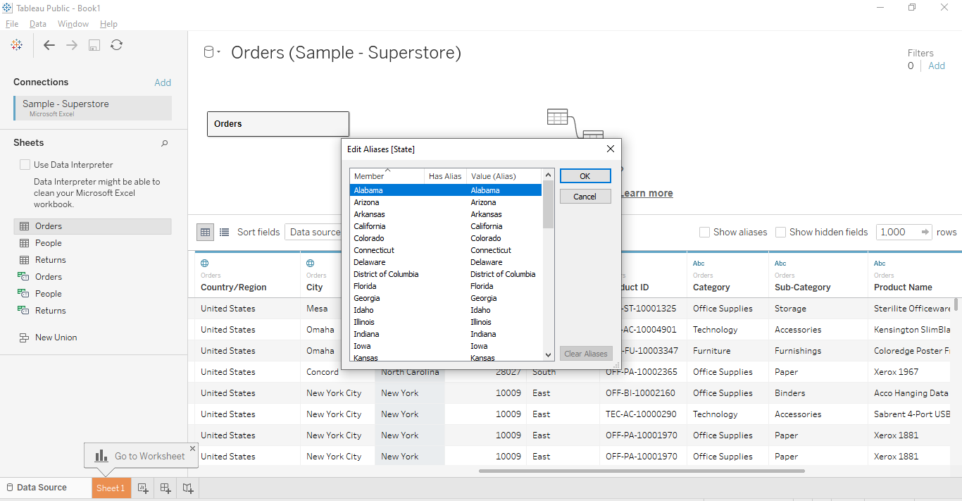 tableau column alias name giving cloudduggu